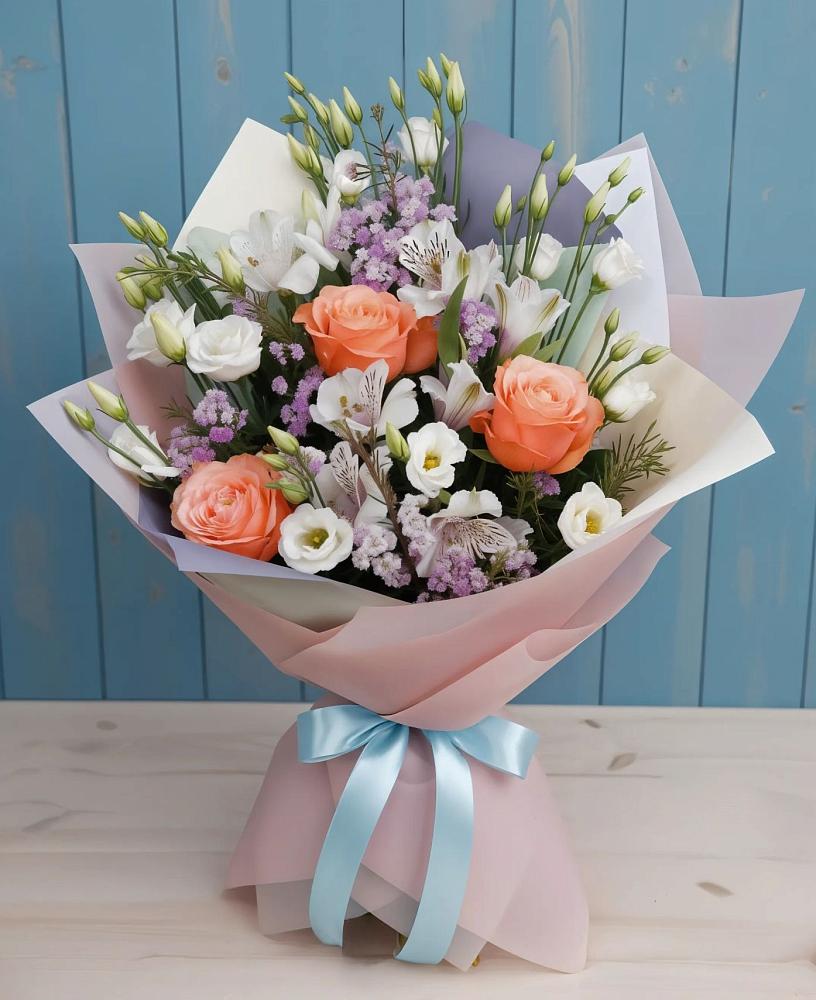 Букет цветов из: Лизиантусы, Розы, Альстромерии и Гипсофила в Мурманске
