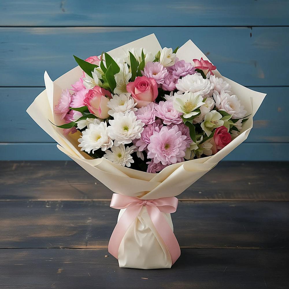 Букет цветов из: Хризантемы, Альстромерии и Розы в Мурманске